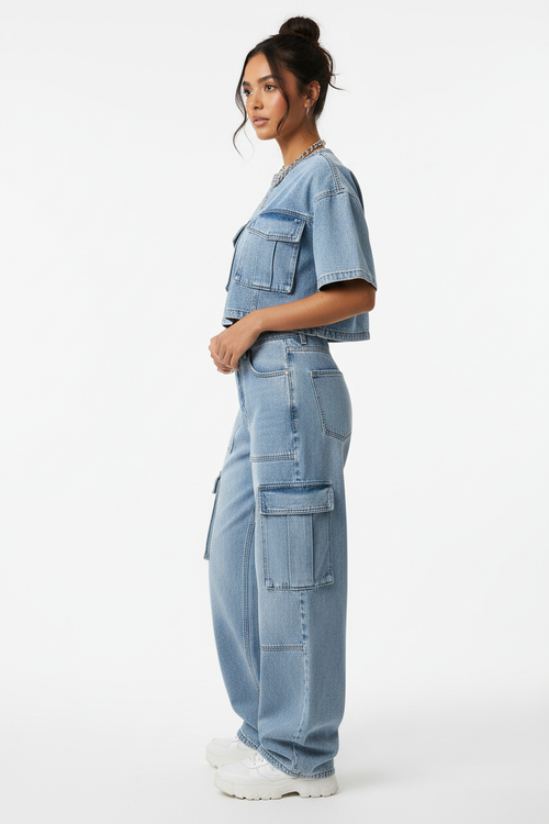 Denim Cargo Co-ord Set - Side View