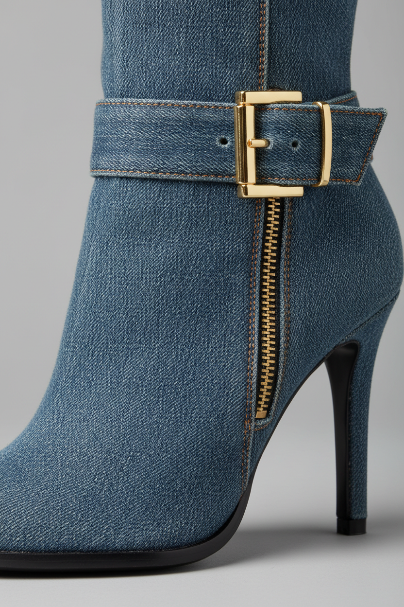 Women's Medium Wash Denim High Heel Boots - Detail Shot