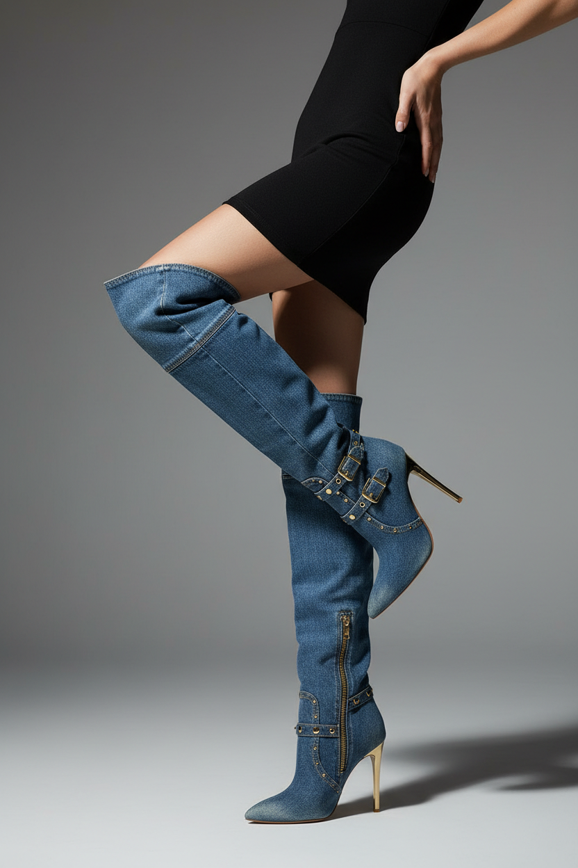 Medium Wash Denim Boots - Model Shot